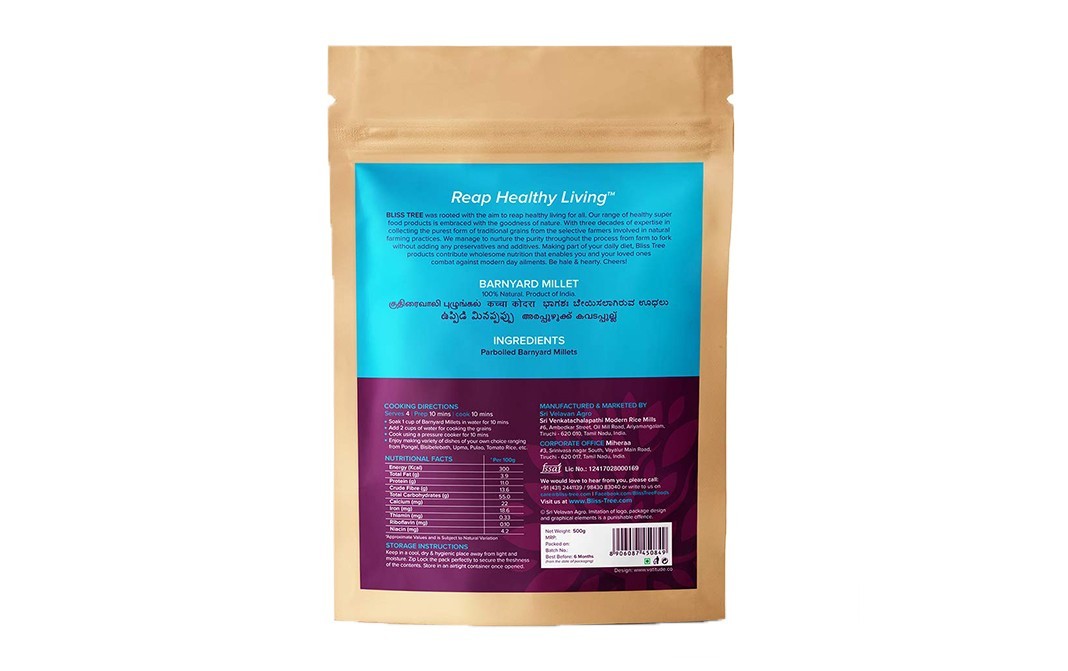 Bliss Tree Ancient Grains Parboiled Barnyard Millet   Pack  500 grams